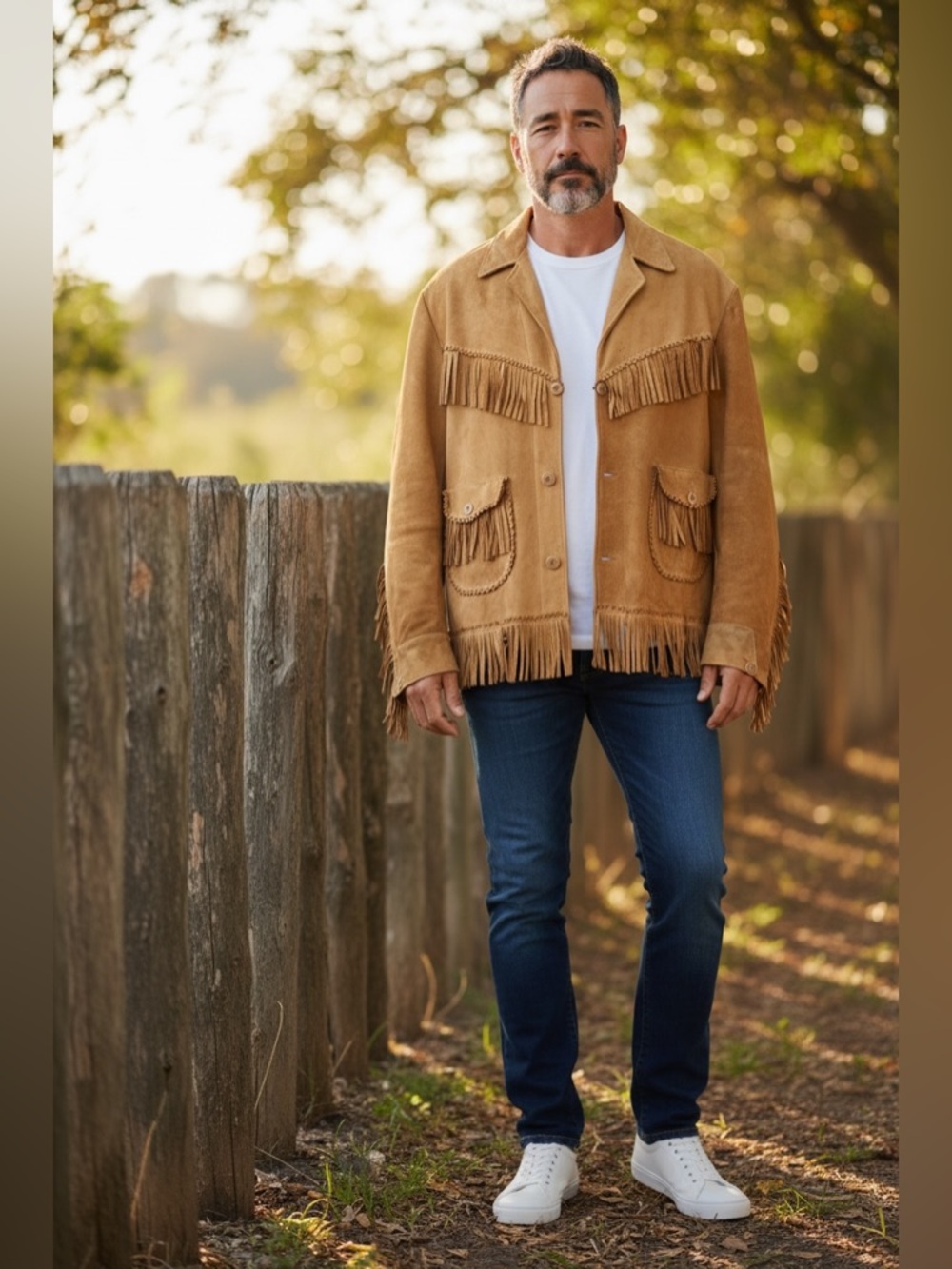 Men’s Handmade Brown Suede Fringed Leather Button Front Western Rustic Jacket